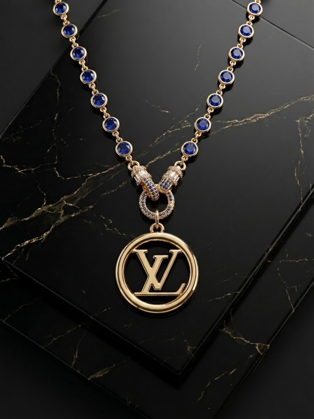 Gold Necklace with Navy Accents and LV Medallion